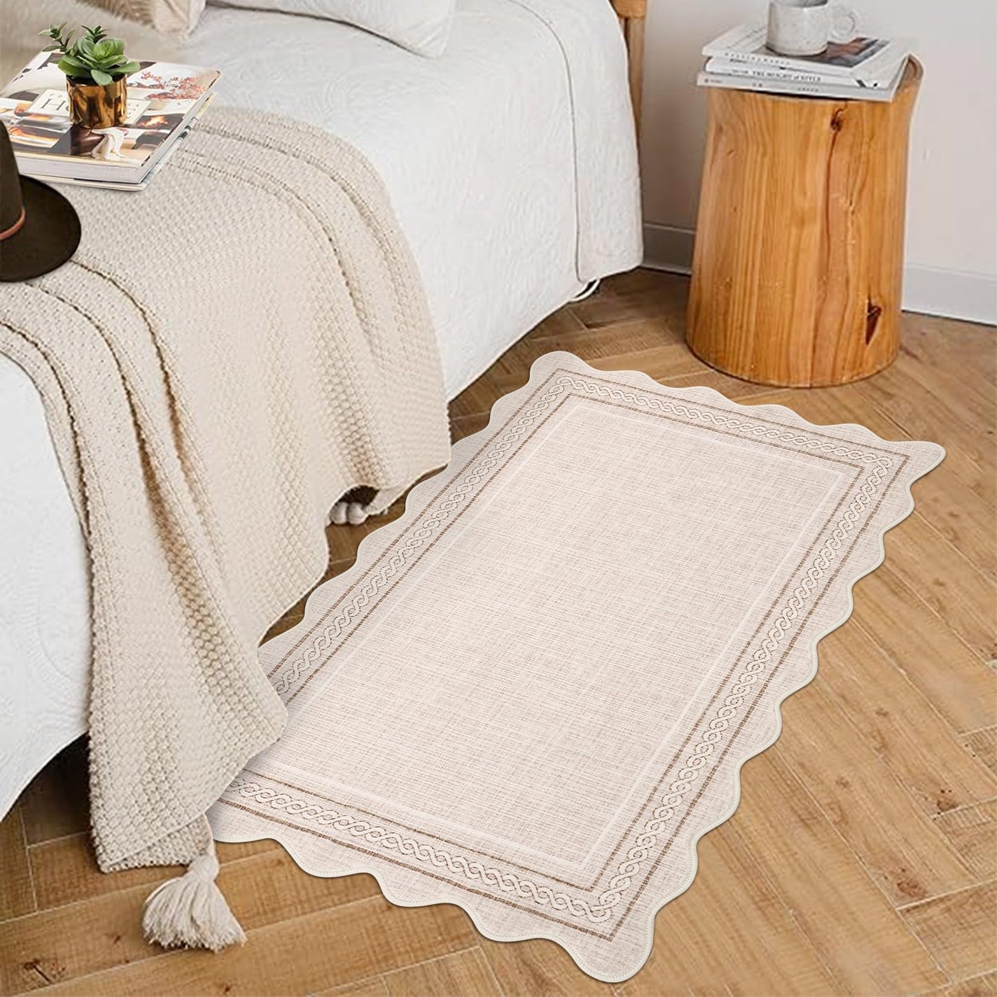 GarveeHome Scalloped Door Mat Indoor Entrance 2x3 Rug Machine Washable Boho Solid Small Area Rug Non-Slip Low Pile Throw Rugs for Entryway Kitchen Front Door Indoor Entrance Entry Kids Room, Beige