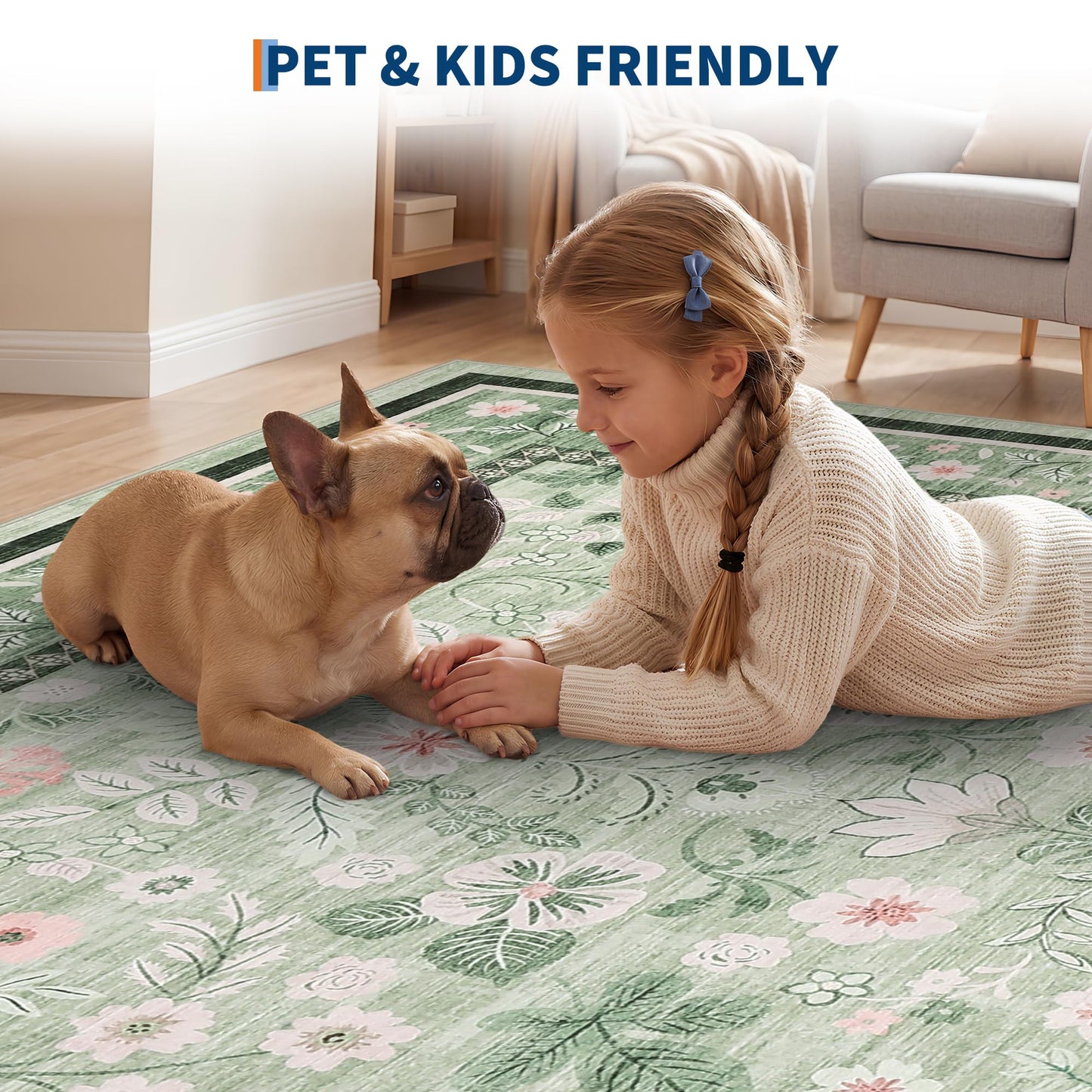 GarveeHome 10x14 Area Rugs for Bedroom Machine Washable Rugs Soft Non-Slip Backing Low Pile Stain Resistant Carpet for Living Room Farmhouse Dining Room Nursery Green