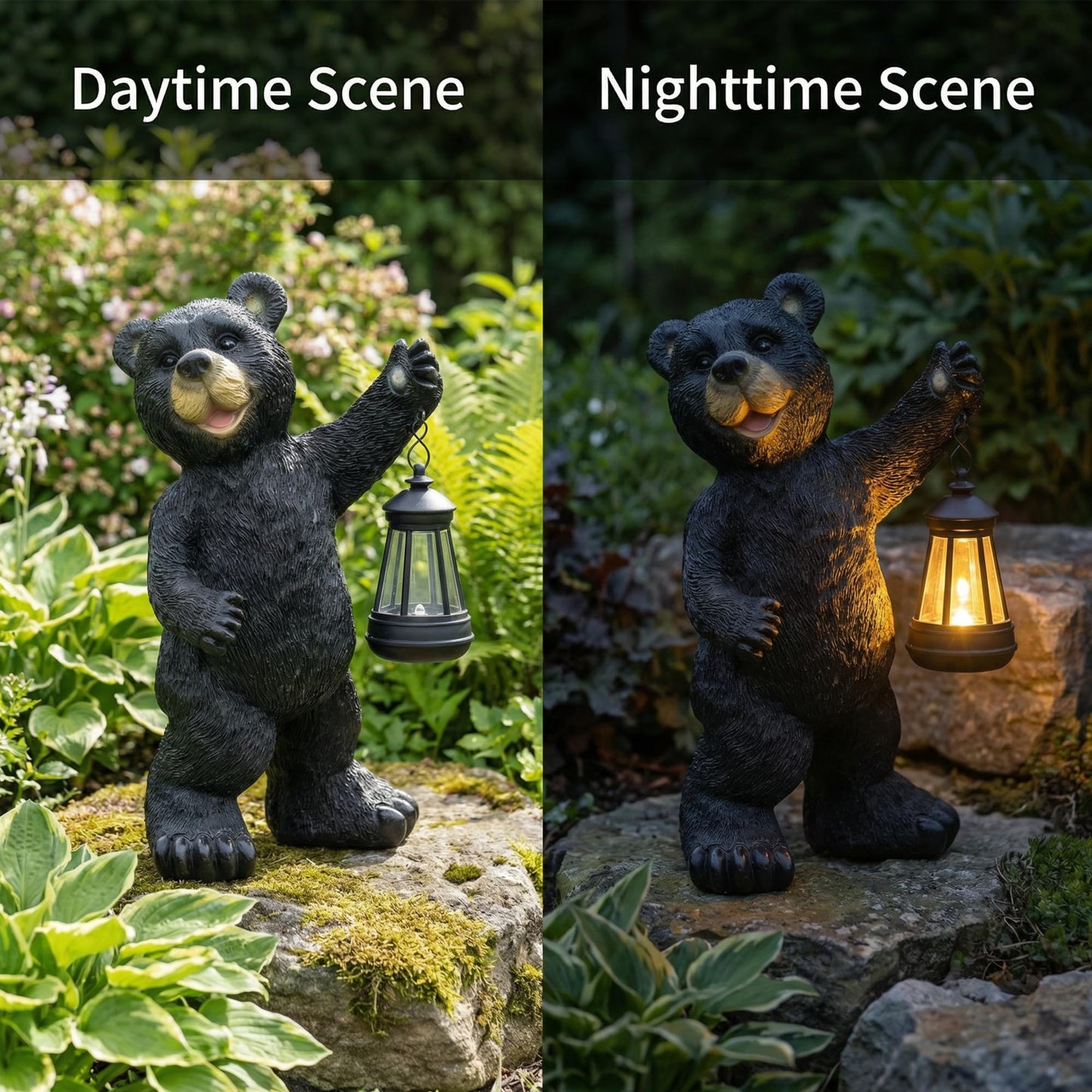 xin ming Solar Black Bear Garden Statue -14" ResinFigurine with Solar LED Lantern, Auto On/OffWaterproof Decor, Dual Use Indoor OutdoorLight for Patio Yard Porch