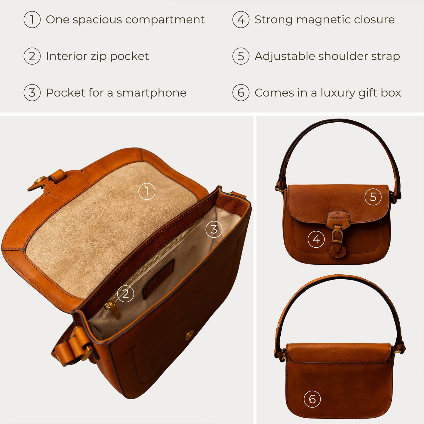 Time Resistance Leather Shoulder Bag – Saddle Bag with Magnetic Closure - Leather Handbag for Women (Cognac Brown)