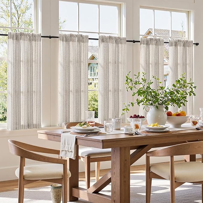jinchan Striped Linen Kitchen Curtains 45 Inches Tier Curtains Farmhouse Modern Cafe Style Small Window Treatments Airy Light Filtering Rod Pocket for Living Room Bathroom 2 Panels Taupe Grey