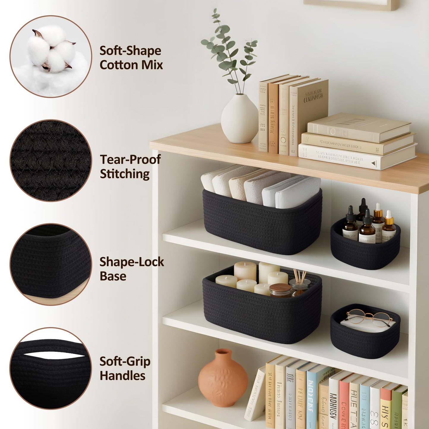 VIRETH HAUS 5-Pack Small Woven Rope Storage Baskets – 2 Sizes Organizer Bins for Closet, Shelf, Bookshelf, Nursery, Changing Table, Fabric Cube Boxes, Rectangular Shallow Bins for Bathroom, Toy & Home