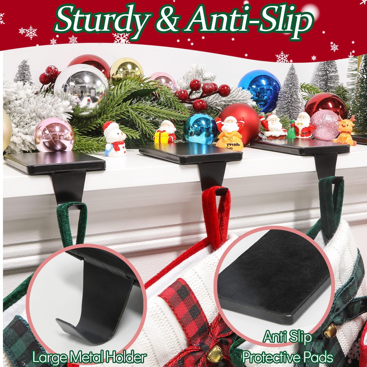 HMASYO Christmas Stocking Holders for Mantle Set of 4, Black Heavy Duty Iron Stocking Hangers Base, Low Profile Weighted Stocking Holder Hooks for Fireplace Tabletop Shelf Christmas Decoration