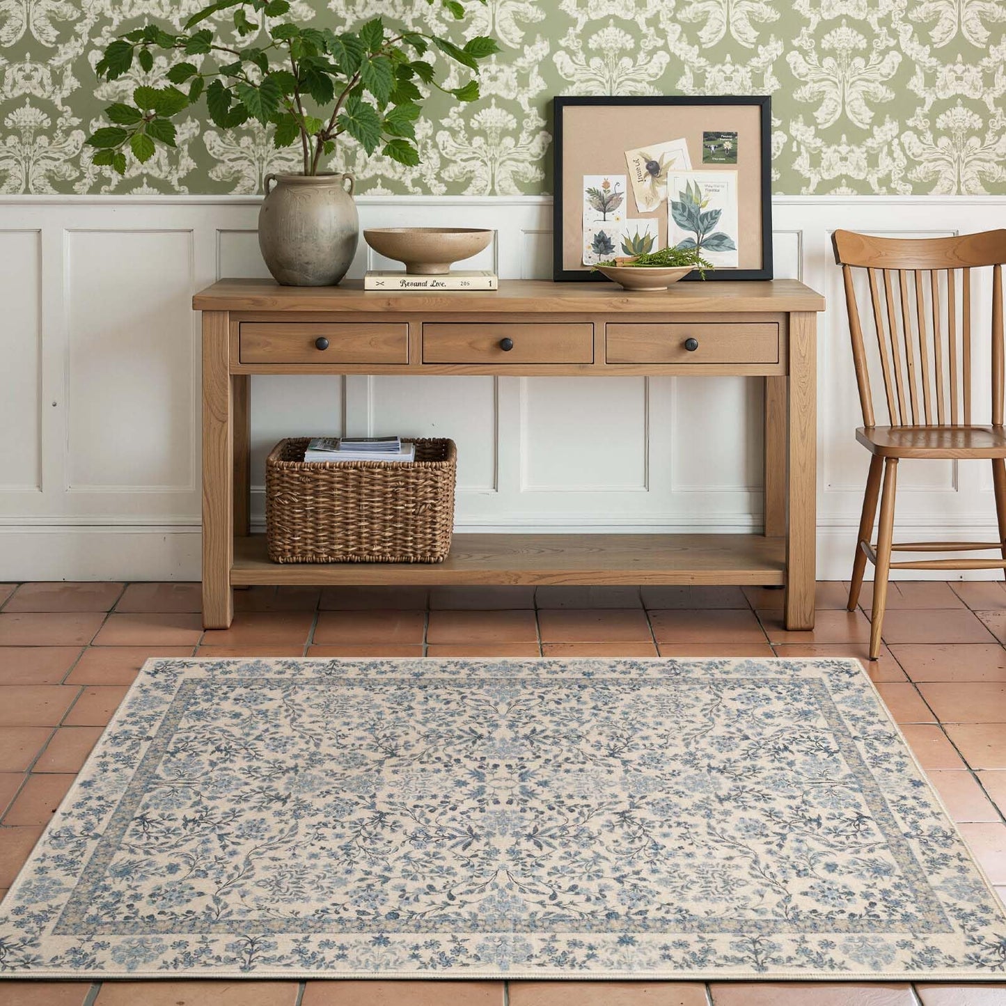 jinchan Zenith Floral 3x5 Area Rug Machine Washable Soft Low-Pile Non-Slip Vintage Botanical Aesthetic Throw Carpet for Entryway Bedroom Kitchen Living Room Nursery Blue/Cream