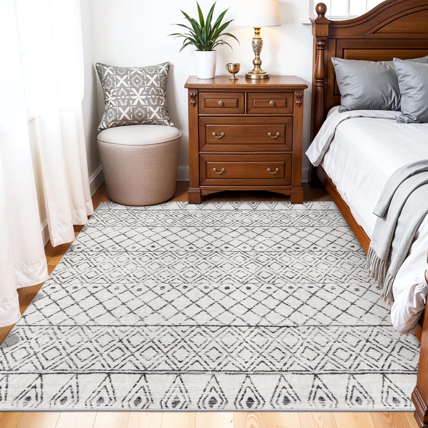 BYYVOO Washable 5x5 Rug Square Moroccan: Non-Slip Soft Indoor Throw Large Carpet - Low Pile Farmhouse Floor Mat for Living Room Bedroom Dining Room - Rugs for Young Families Home 5x5 Geo Grey