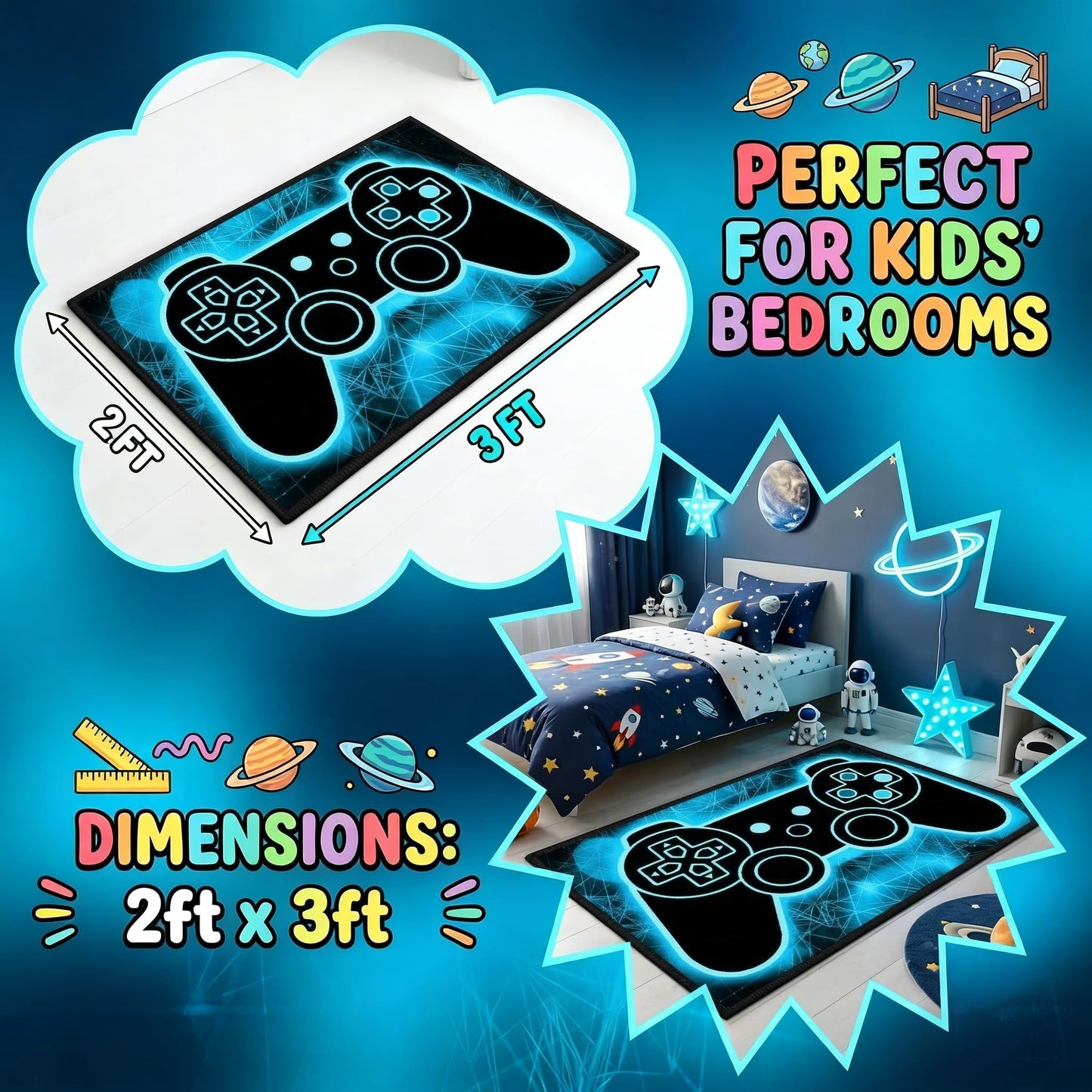 Gaming Rug - Video Game Area Rugs for Boys Teens Gamer Rug for Boys Room Gamer Controller Gamepad Pattern Carpet Floor Mat Bathroom Mat for Livingroom
