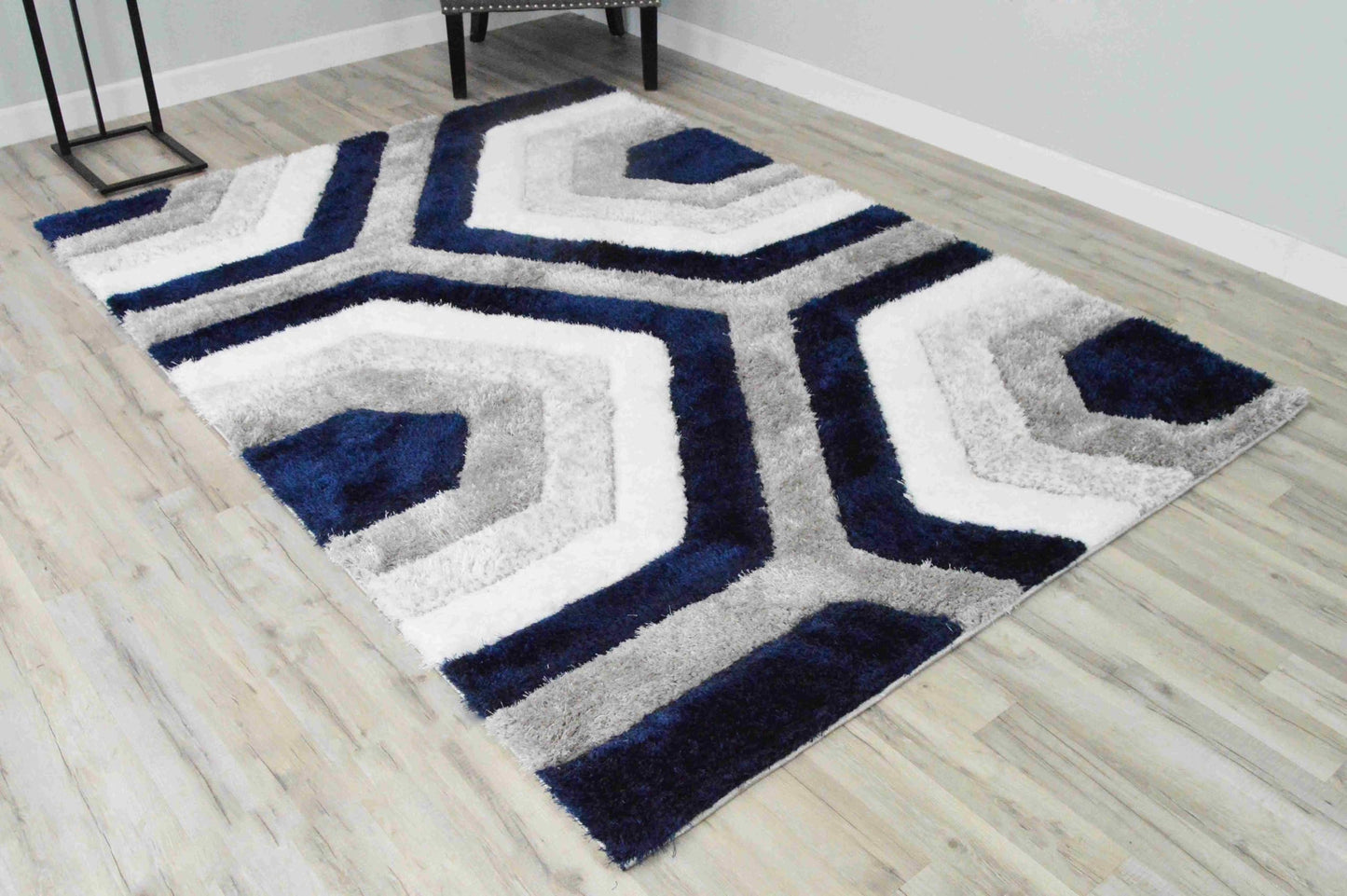 Modern Fluffy Plush Shag Shaggy Rug Hand Carved Thick Soft Geometric Abstract Carpet Vibrant Colors for Living Room Bedroom Office Design 6485 (Navy, 5'2"x7'5")