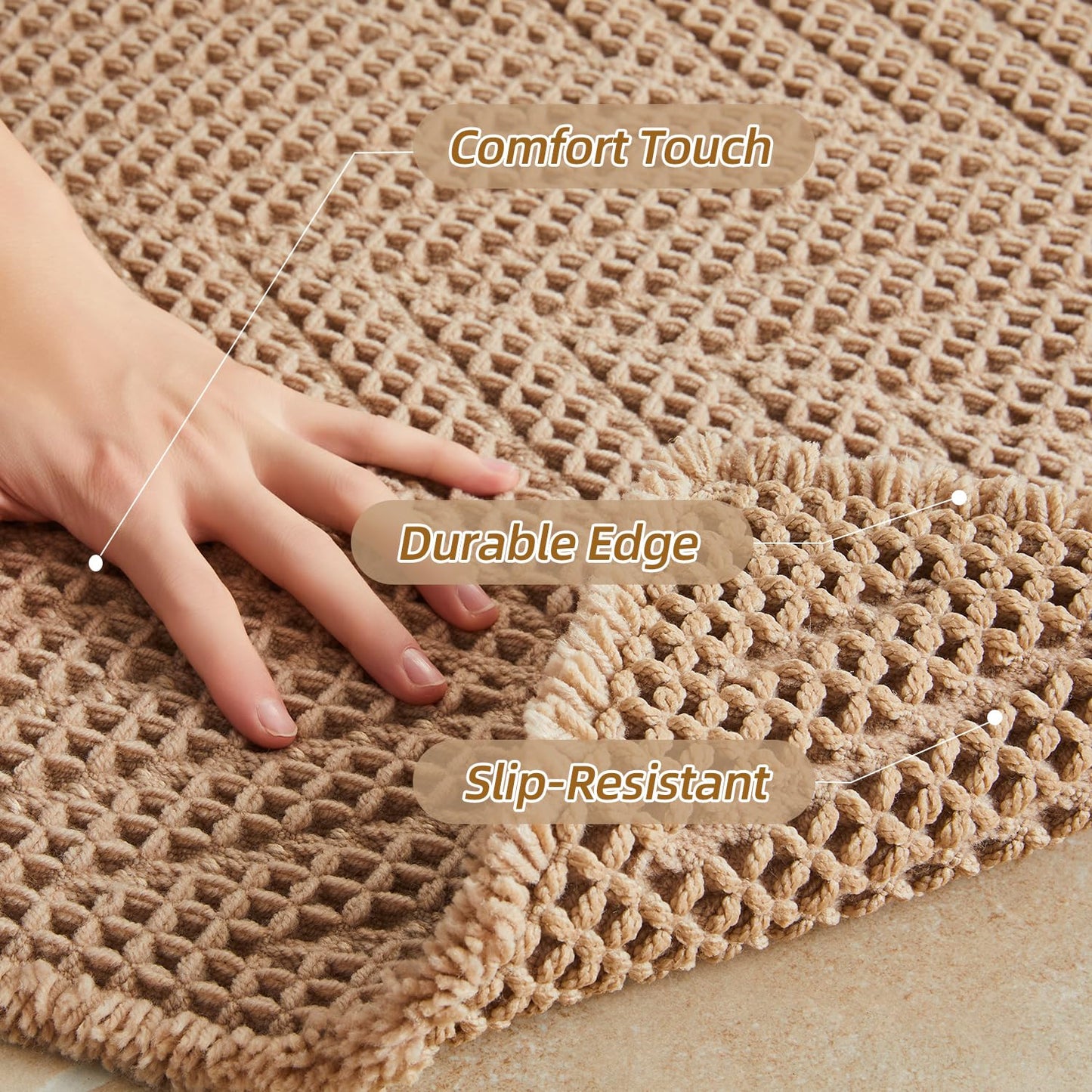 Sunfly Boho Bathroom Rug, Herringbone Waffle Bath Mat Non-Slip Washable Super Absorbent Quick Dry, Farmhouse Bath Mat for Bathroom Floor Decor 20"*30" Khaki