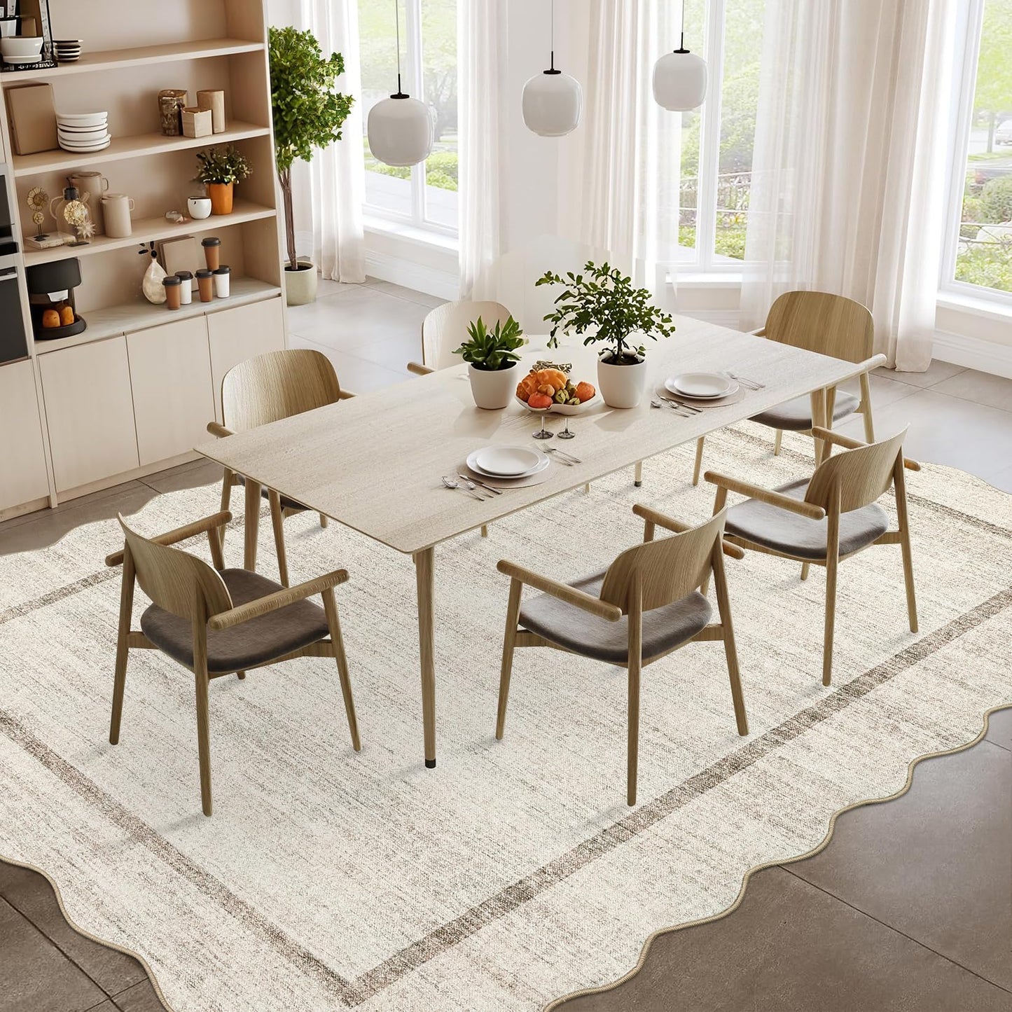GarveeHome Scalloped Large Living Room Area Rug 8x10 - Machine Washable Modern Rugs Bordered Neutral Rug Non-Shedding Low Pile Farmhouse Carpet for Bedroom Nursery Classroom Dorm 8 ft x10 ft Beige