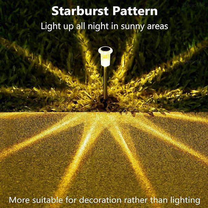DenicMic Solar Lights Outdoor 10 Pack Waterproof 3000K Warm White LED Acrylic lamp Head Stainless Steel Stake for Landscape Lighting Path Walkway Sidewalk Backyard Patio Christmas Decor