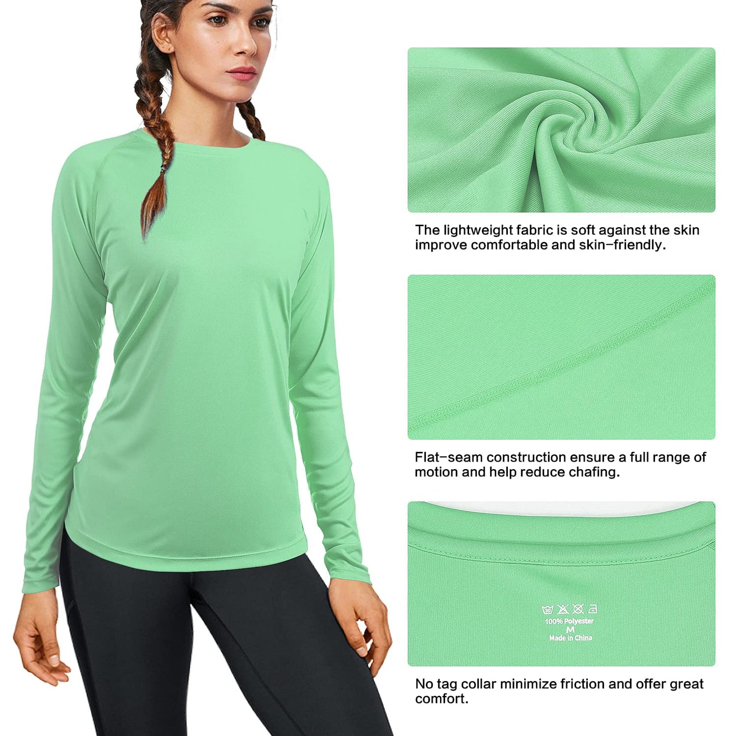isnowood Women's Sun Protection Long Sleeve Shirts, UPF 50+ UV Rash Guard Swim Shirt, Workout Hiking Running Athletic Tops Light Green