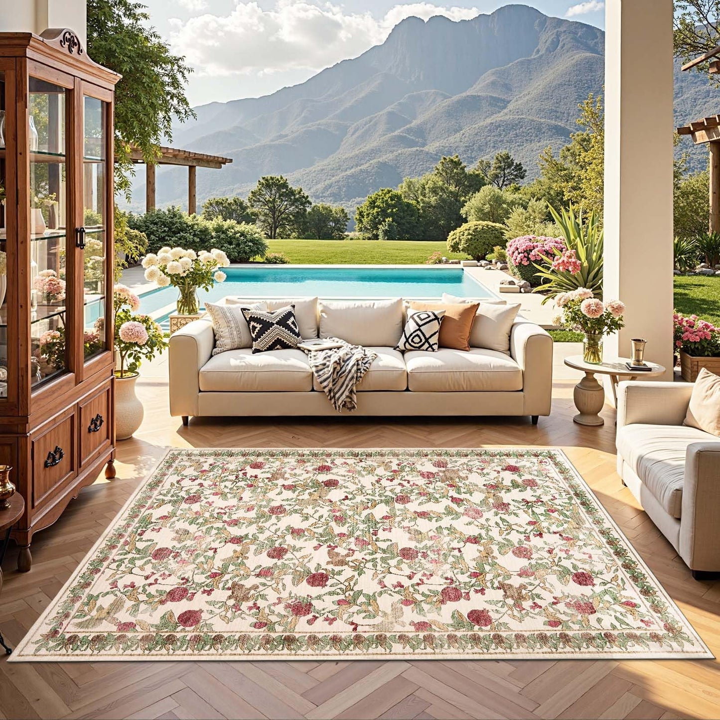 jinchan Eden Floral Area Rug 5x7 Washable Vintage Soft Non-Slip Distressed Red Green Carpet Low Pile Accent Rug for Living Room Kitchen Bedroom Dining Room Nursery