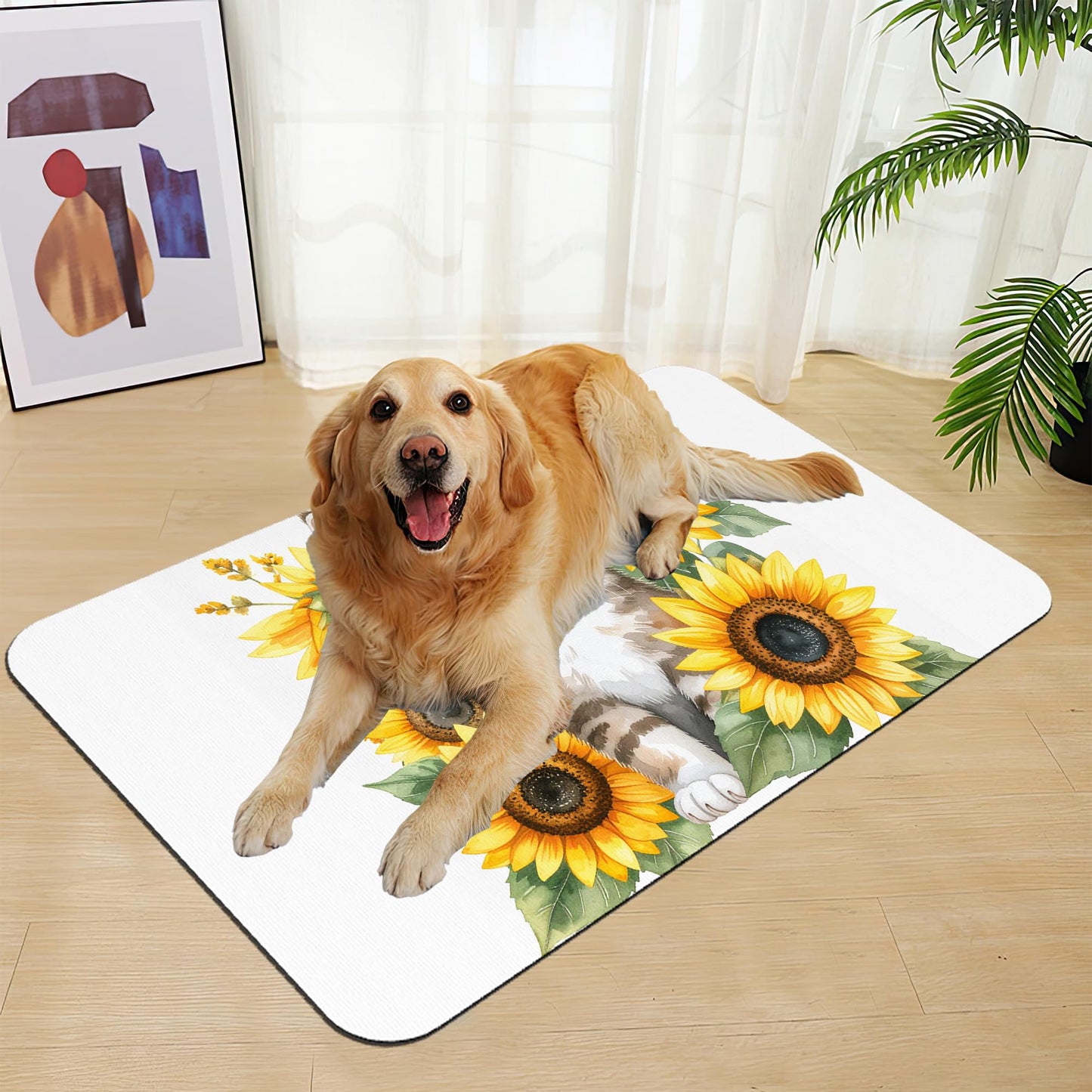 Cute Cat Sunflower Pet Feeding Mat for Floors–Absorbent Quick Dry Dog Cat Bowl Mat for Food and Water, Non Slip Waterproof Base, Mess-Free Feeding Accessories 12"x20"