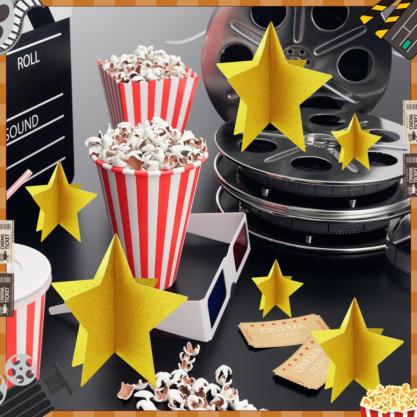 70 Pcs Star Centerpieces for Movie Night Party Decorations 3D 2025 Graduation Table Decor 3 Sizes 8" 5" 3" Red Carpet Film Show Theme Birthday Party Back to School Table Decor （Gold）