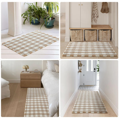 TYUU Waffle Bath Mat, Boho Bathroom Rugs Non Slip Washable Absorbent Checkered Bathroom Mat Quick Dry Farmhouse Bathroom Decor, 24"x16" Khaki and White