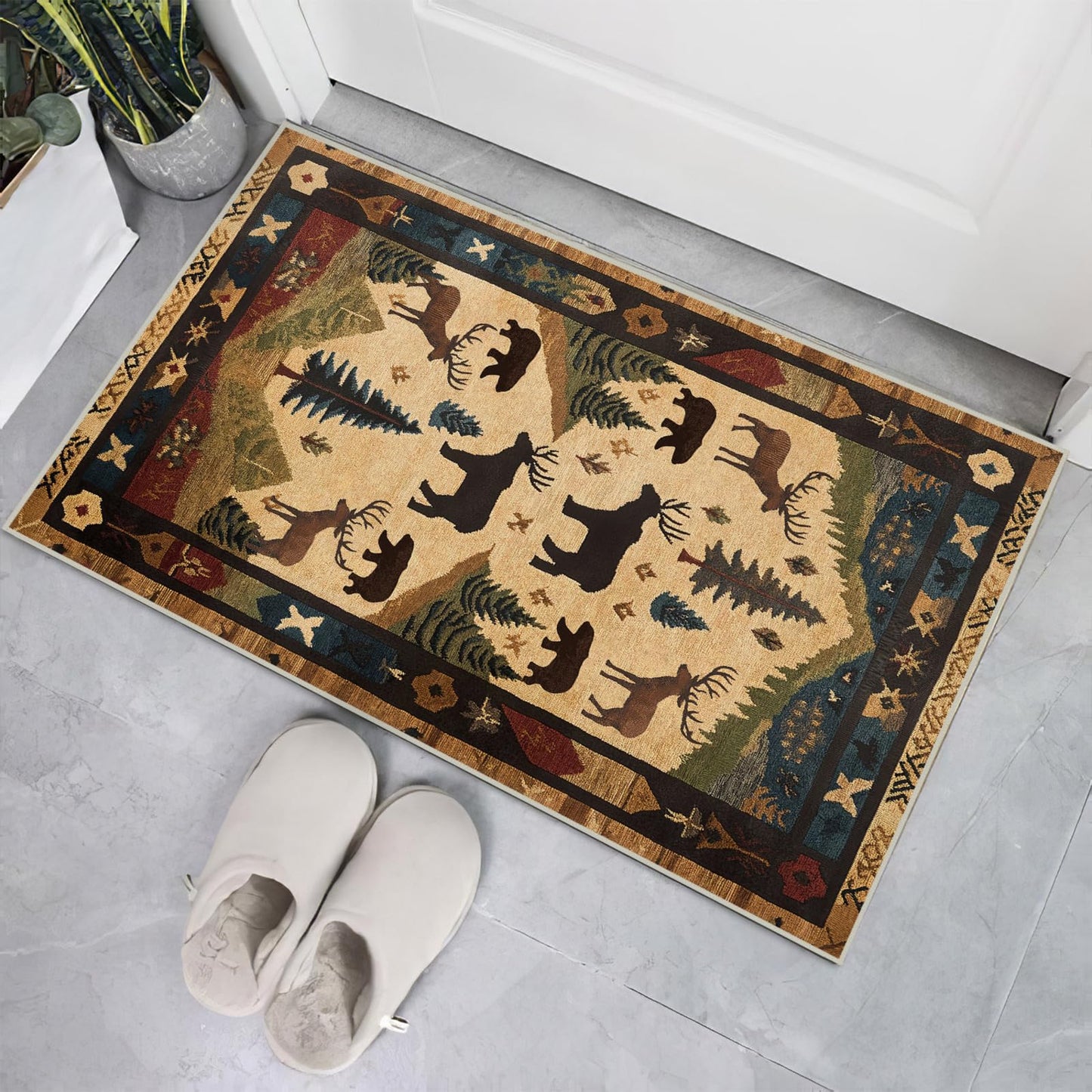 Farmhouse Cabin Area Rug Rustic Deer Bear Washable 2x3 Rugs for Living Room Bedroom Western Country Non-Slip Soft Floor Large Carpet for Office Entryway Bathroom