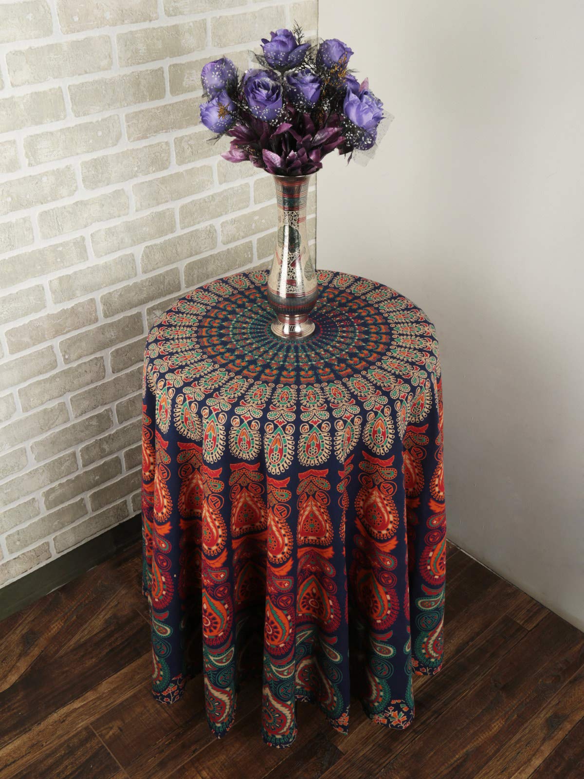 RAJRANG Boho Mandala Roundie Gypsy Hippie Tapestry Decorative Cotton Tablecloth Meditation Yoga Mat - Golden Blue - 72 Inches