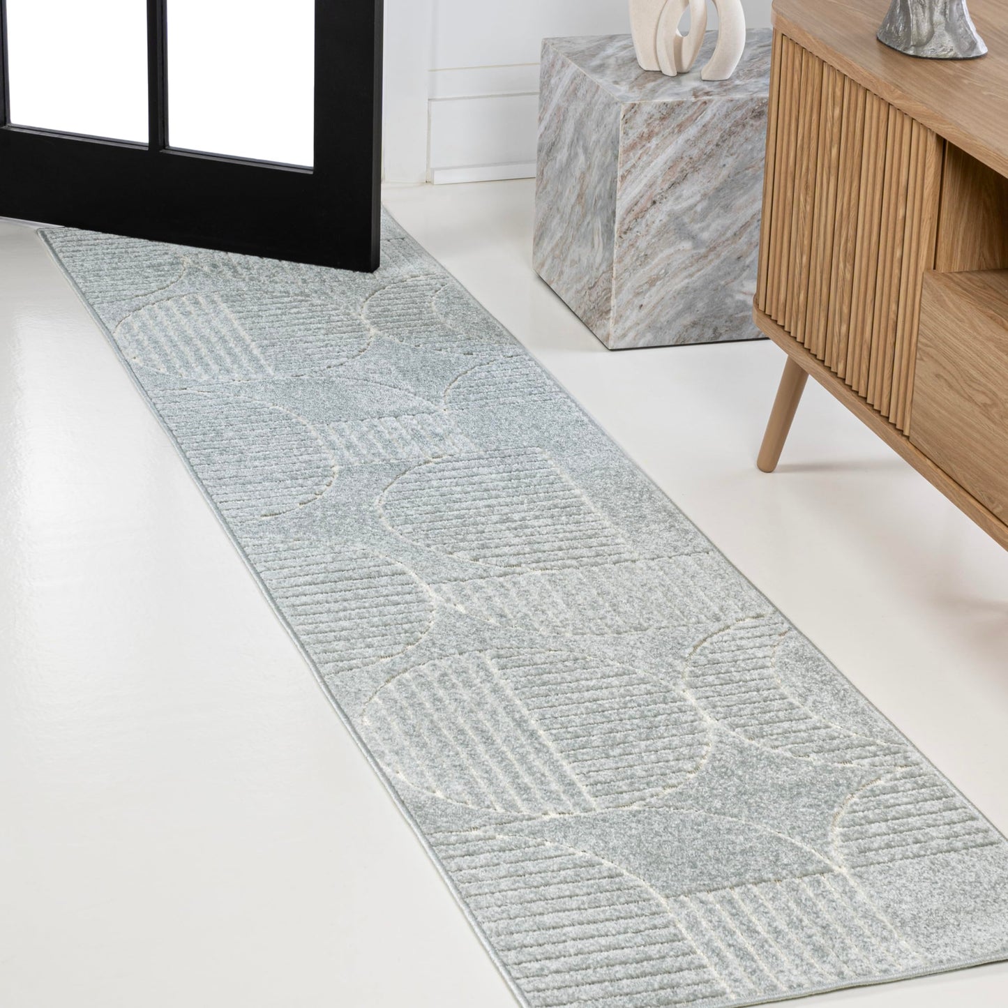 JONATHAN Y Nordby High-Low Arch Striped Light Blue/Cream Indoor/Outdoor Runner Rug, 2x8, for Patio, Backyard, Living Room, Bedroom, Office, Hose-Washable (SCN104F-28)