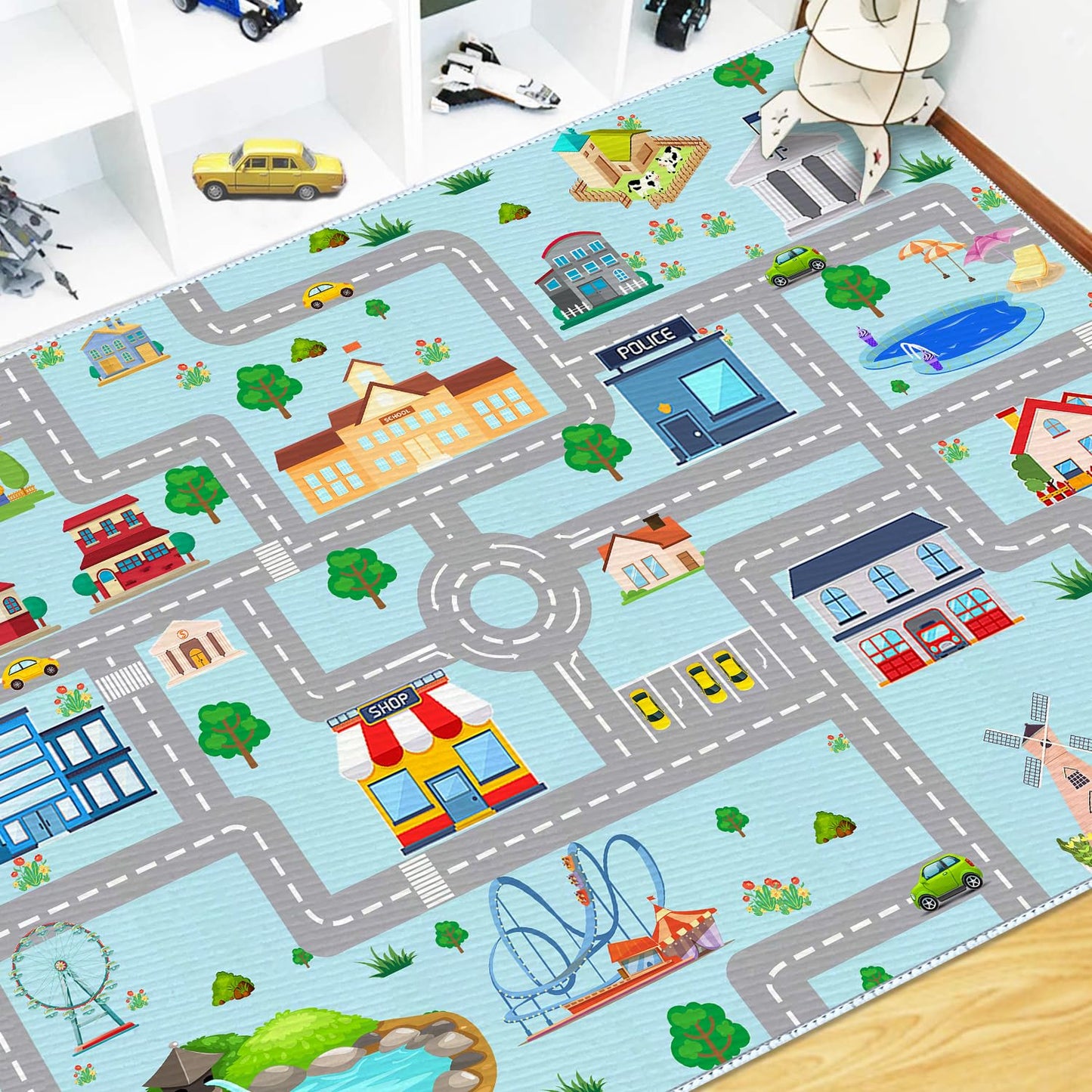 MLLgYq Kids Car Rug, 2' 7" x 4' City Life Traffic Road Playmat for Toy Cars Trains, Non-Slip Race Track Carpet Educational Fun Rugs for Boy and Girl Bedroom Nursery