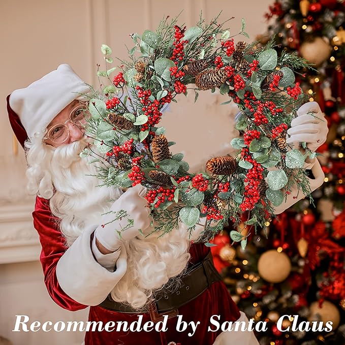 YNYLCHMX 22 Inch Winter Wreath for Front Door, Winter Wreath with Eucalyptus Leaves Red Berry Pine Cones Pine Needle, Artificial Door Wreaths for Indoor Farmhouse Holiday Decoration