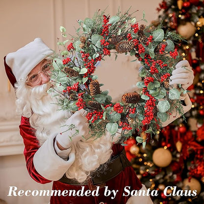 YNYLCHMX 22 Inch Winter Wreath for Front Door, Winter Wreath with Eucalyptus Leaves Red Berry Pine Cones Pine Needle, Artificial Door Wreaths for Indoor Farmhouse Holiday Decoration