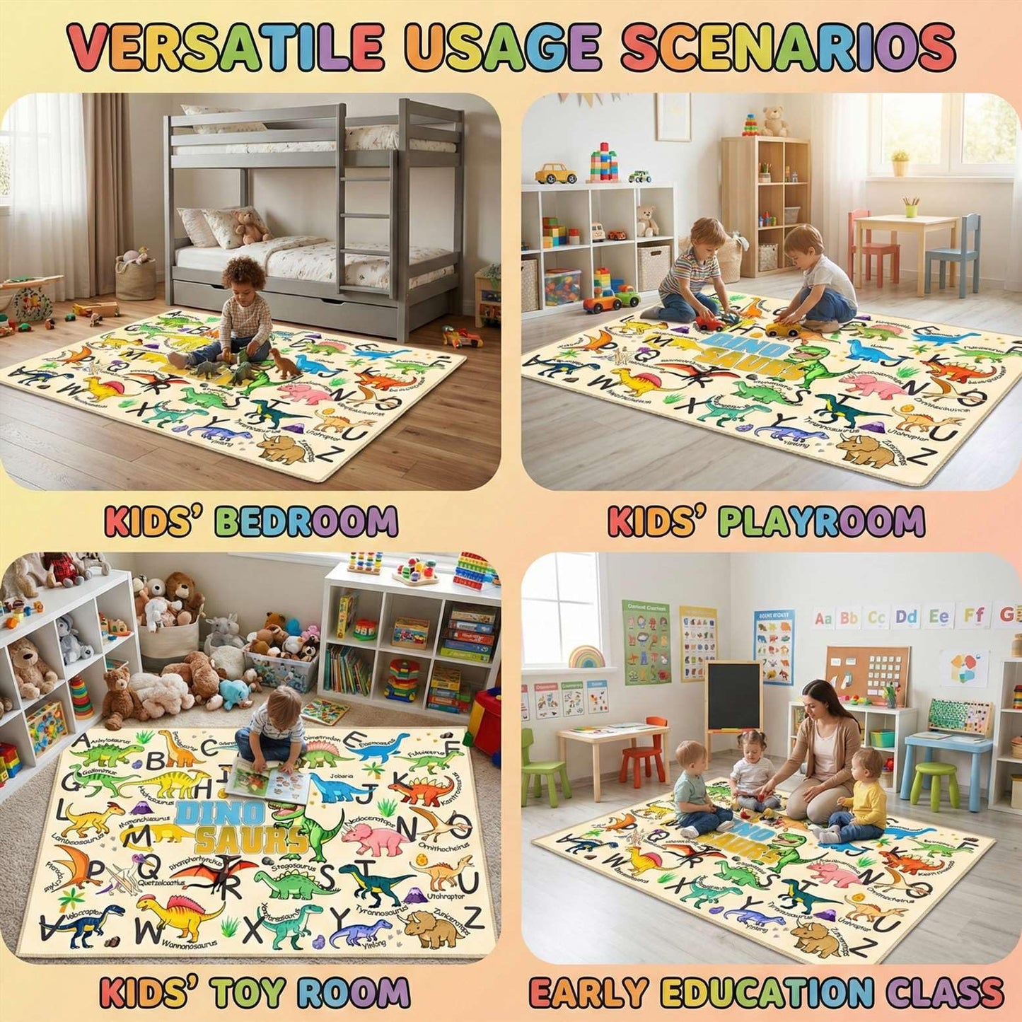 HBUFBUQ Dinosaur Area Rug with ABC Alphabet, Kids Rugs for Playroom 3x5, Non Slip Educational Play Mat for Bedroom Nursery Classroom, Toddler Learning Carpet