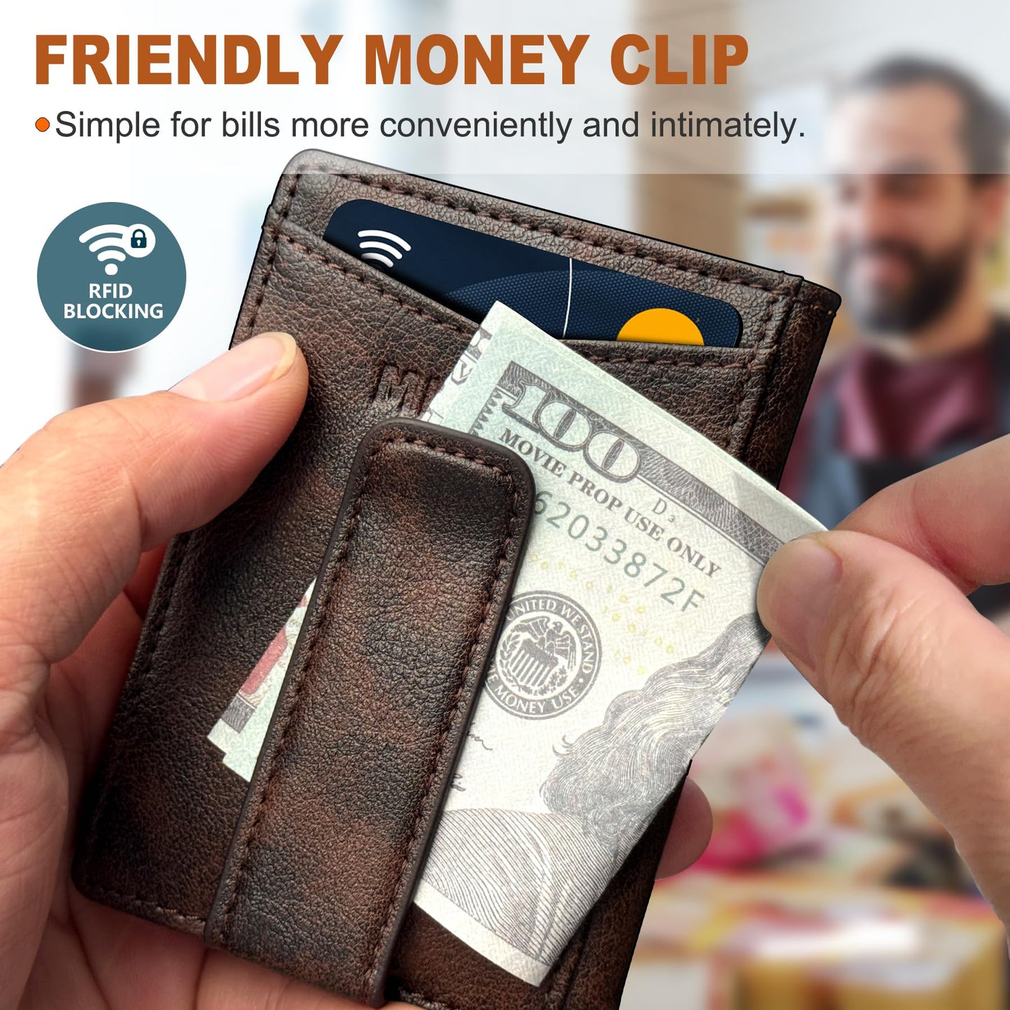 miyozi Airtag Wallet for Men- with Money Clip Gift Boxed, Magnetic Closure Slim Genuine Leather Front Pocket Wallet, 4.1"x 2.8", RFID Blocking