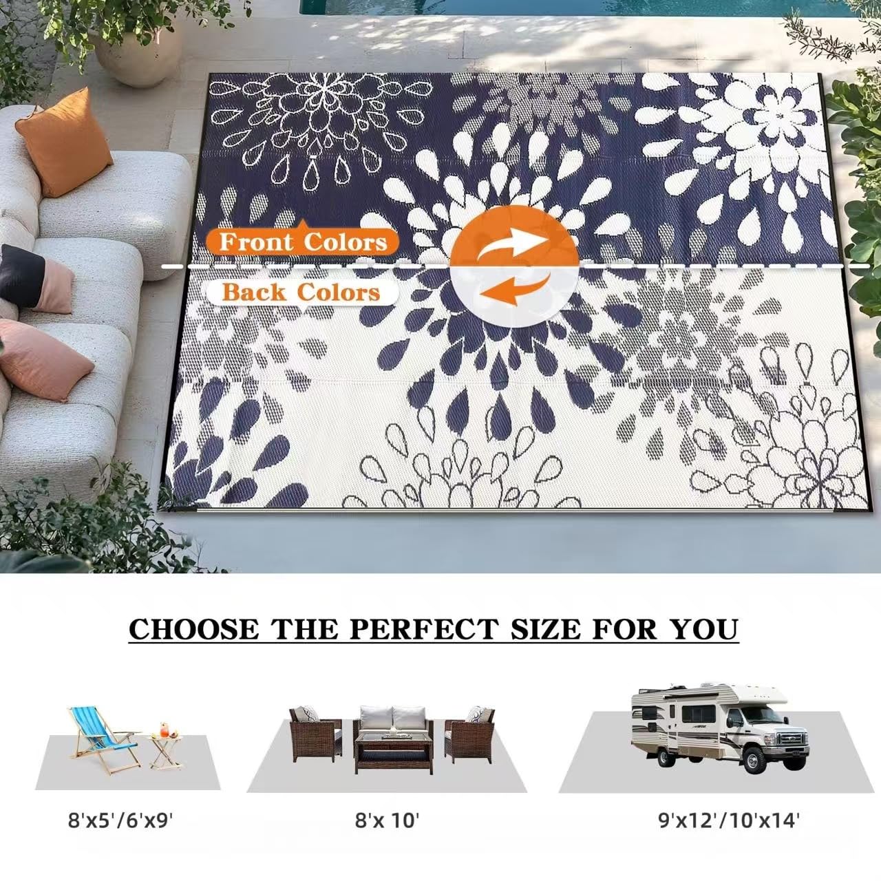 Wallona Outdoor Rugs 5x8 ft Patio Waterproof Clearance Indoor Outdoor Carpet for Patio Plastic Straw Reversible Area Rugs Mat for RV, Camping, Balcony, Beach, Picnic, Porch, Flower Blue & White