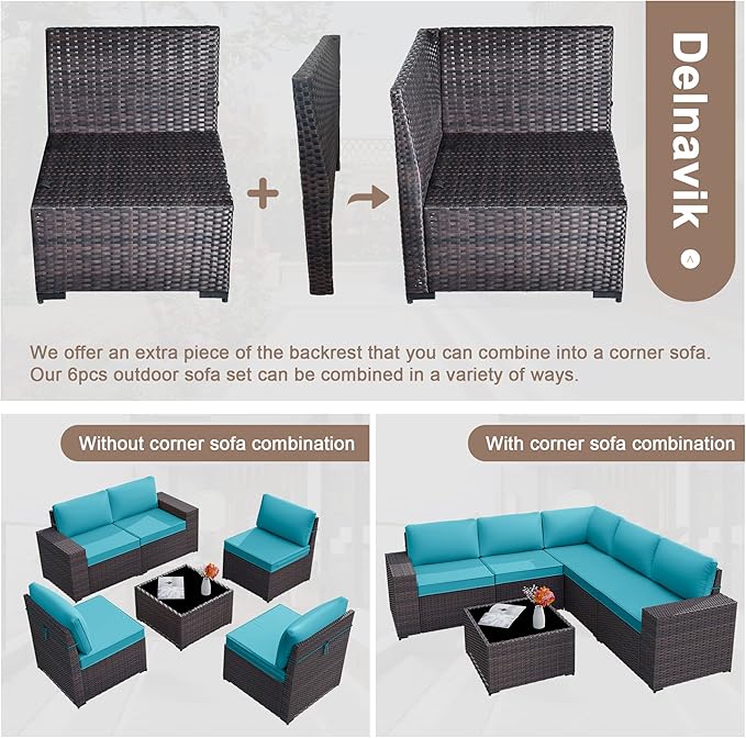 Kurapika 9 Pieces Patio Furniture Set, Rattan Sofa Set, Outdoor Conversation Sets w/Swivel Rocking Chairs Patio Sectional Sofa w/4 Inch Cushion, Blue