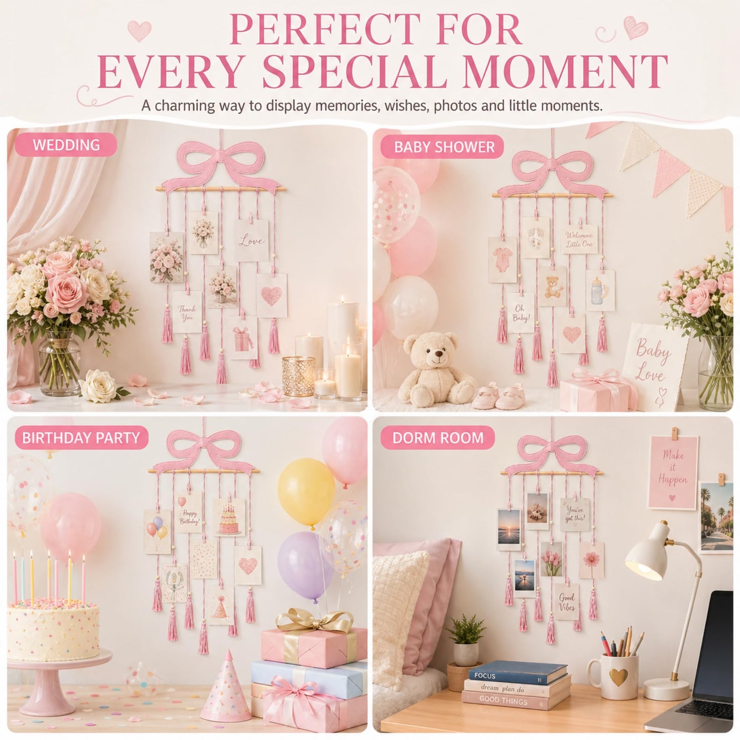 Fiwochic Pink Bow Hanging Photo Display Pink Bow Wall Decor Macrame Wall Hanging Coquette Picture Holder with 30 Clips for Teenage Girl Gift Room Decor Bedroom Graduation Wedding Coquette Party
