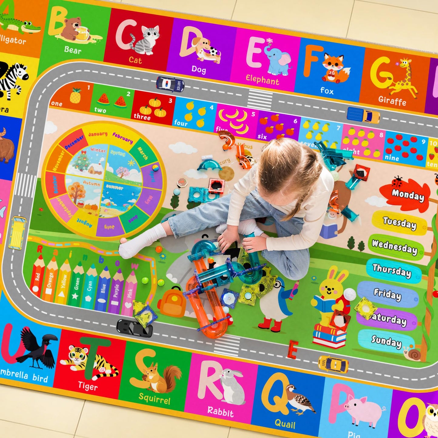 Pionblank Kids Rug for Playroom Classroom, 5x7 Area Rugs Playmat for Learning Animal Alphabet Fruit Numbers Color Season Month,Washable Non Slip Carpet for Toddler Nursery