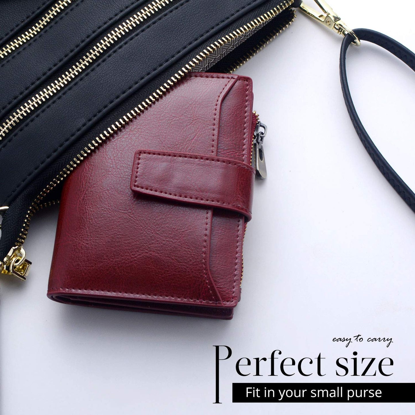 Bveyzi Women's Small Leather RFID Blocking Bifold Zipper Pocket Wallet Ladies Credit Card Slots Purse with id Window(Wine Red)