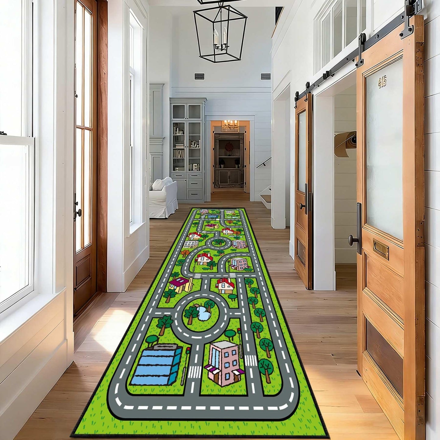 CRJMKS Kids Car Play Road Map Rug,3.3x10ft,City Life Area Rug Runner for Boys Playroom, Cartoon Educational Traffic Transport Street Map Carpet Non-Slip Washable Floor Mat for Classroom