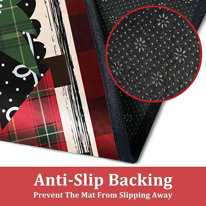 Buffalo Plaid Xmas Trees Merry Christmas Red Kitchen Rugs Set of 2, Non Skid Washable Soft Comfort Kitchen Rugs Set (17"x47"+17"x30",Merry Christmas)
