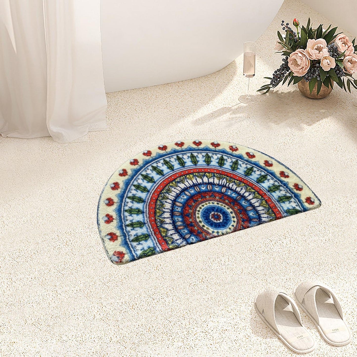 Mandala Half Round Mat Boho Semi Circle Rug Doormat Floral Bathmat Non-Slip Bathroom Rugs Floor Door Mats Half Moon Area Rug Bohemian Decor Semicircle Carpet (Blue)