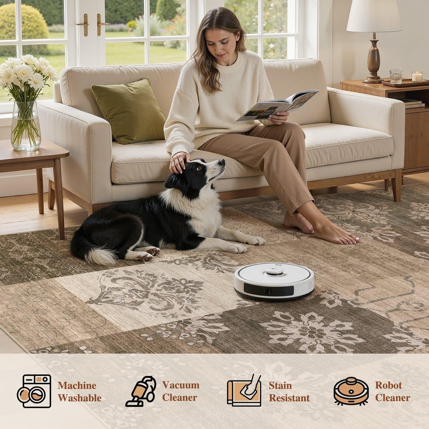 UERMEI 6x9 Area Rug for Living Room, Washable Brown Modern Geometric Patchwork Non Slip Stain Resistant Low Pile Foldable Carpet for Bedroom Dining Farmhouse Home Office