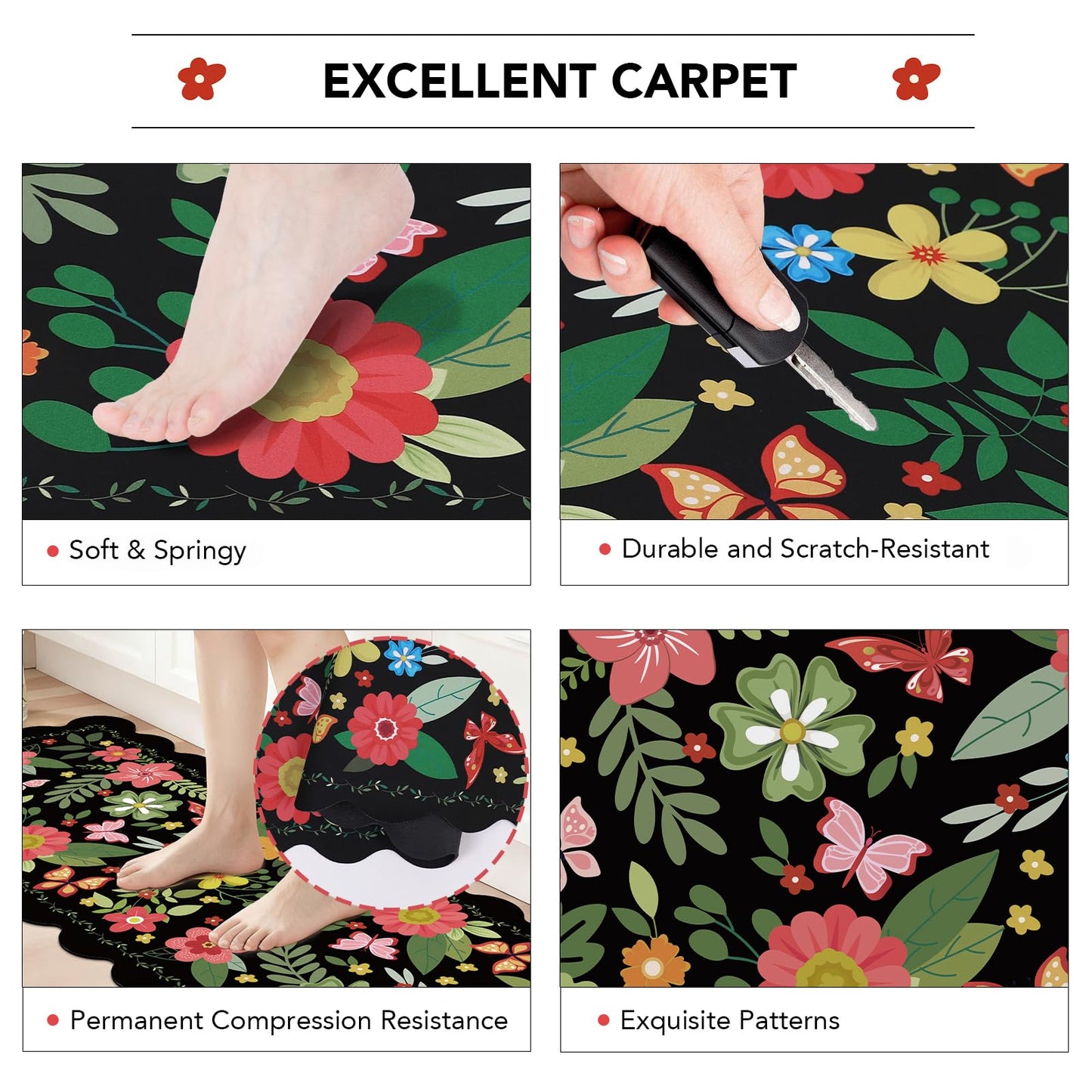 Black Kitchen Mats for Floor 3 Piece Set, Floral Scalloped Kitchen Rugs and Mats Set, Soft Cushioned No-Slip Resistant Kitchen Mats for Floor, Washable Runner Rug for Kitchen Sink, Laundry, Office