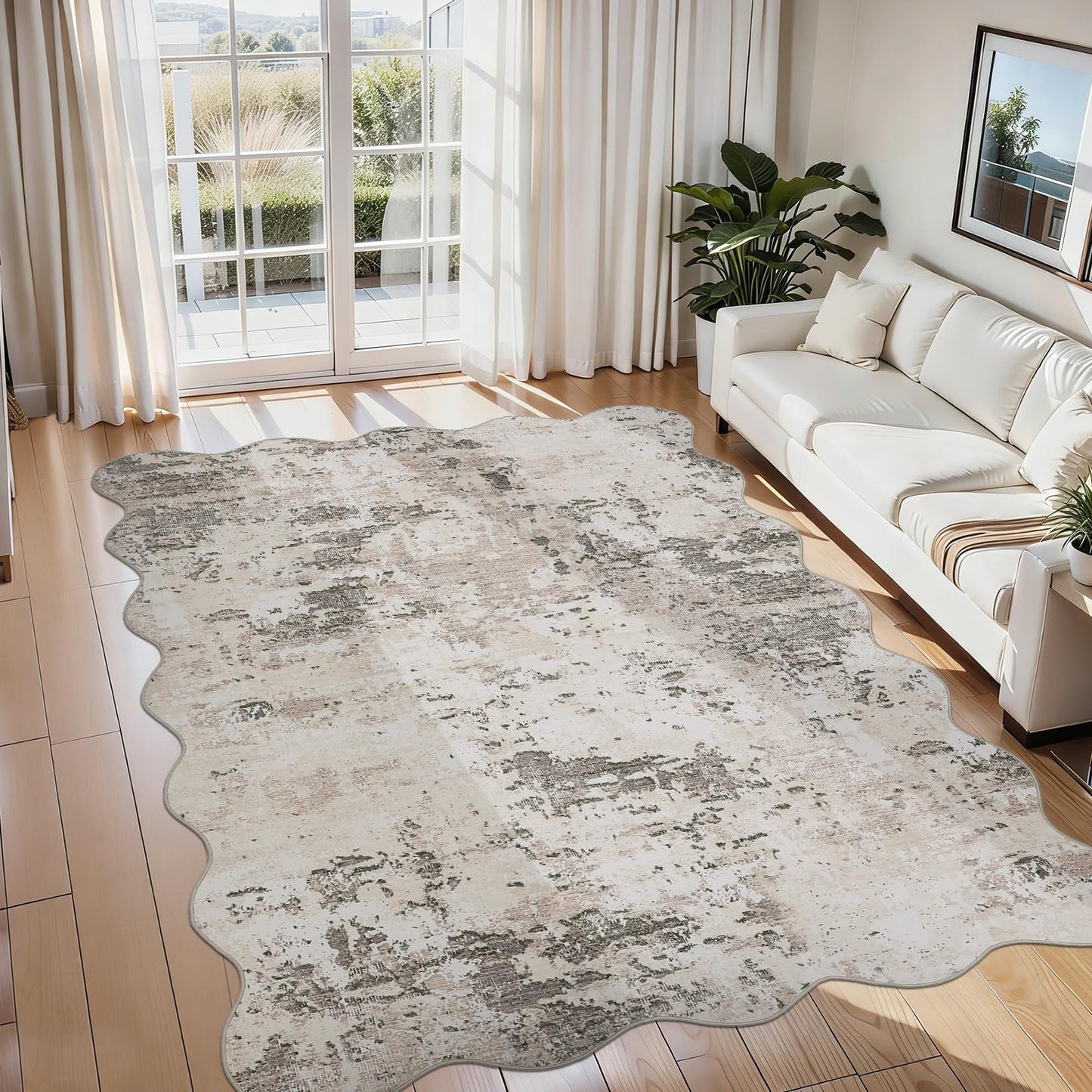 ROYHOME Modern Scalloped Abstract Area Rug 10x13 Non Slip Non Shedding Rug Low Pile Stain Resistant for Bedroom Living Room,Brown Grey