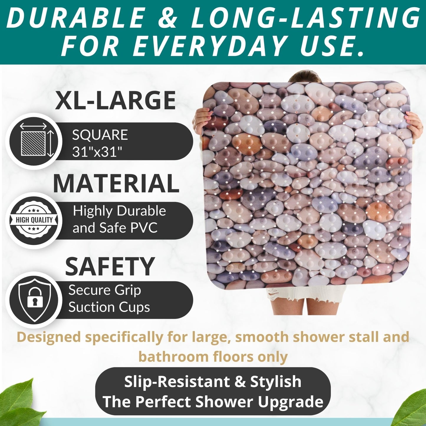 ENKOSI Extra Large Square Non Slip Shower Mat - 31 x 31-inch XL Bathroom Shower Mat - Square Shower Mats for Shower Stall Floors | Secure Suction Cups and Drain Holes (31x31 Pebble Stone)