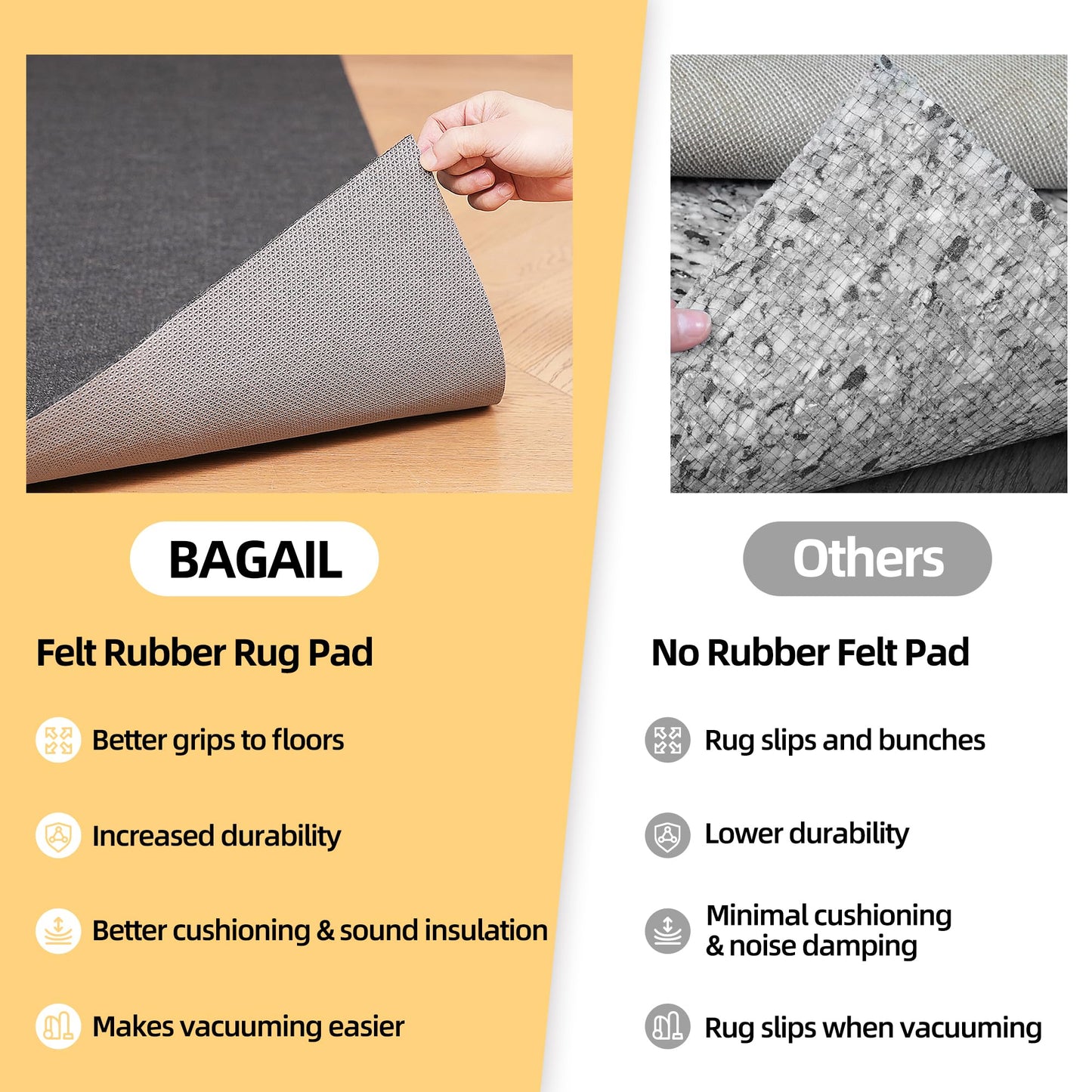 BAGAIL Felt and Natural Rubber Backing Rug Pads 1/4” Thick, 9 x 12 Ft Non Slip Carpet Gripper Keep Rugs in Place, Under Area Rug Protective Cushioned Pads, Carpet Runners, Hardwood Floors Protection