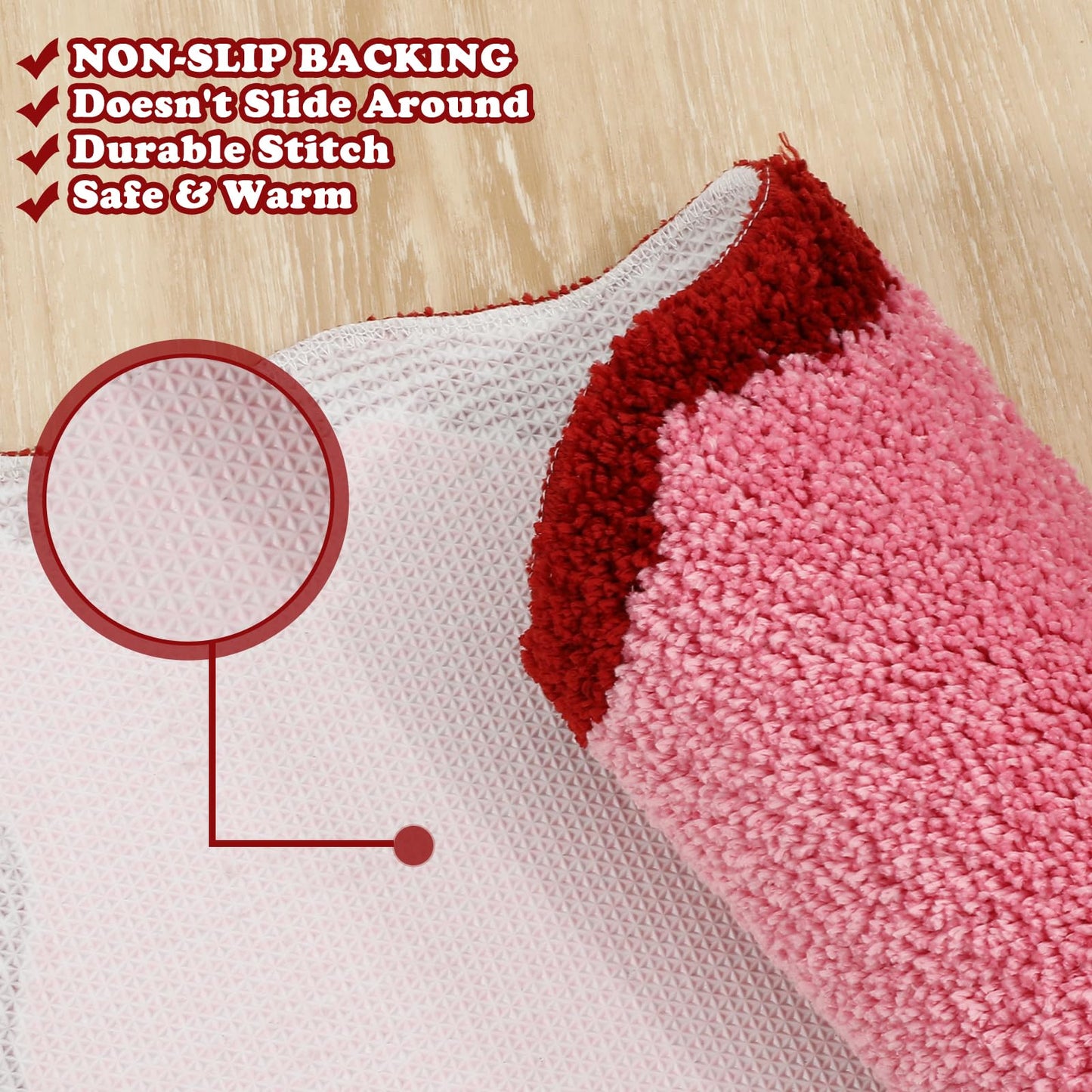 Whaline Pink Rug Mat Bathmat Red Scalloped 26.6 x 16.5 Inch Absorbent Bathroom Rug for Valentine's Day Wedding Anniversary Holiday Kitchen Living Room Decoration