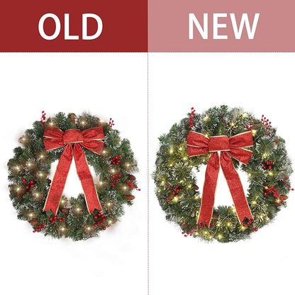 Christmas Wreath Front Door Wreath - 24 Inch Pre-Lit Outdoor Wreaths for Front Door Battery Operated 55 White Lights Bulbs Christmas Decoration Wall Wreath Outside DiliComing