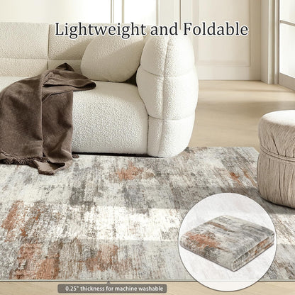 Boraya Area Rugs for Living Room: 8x10 Washable Neutral Modern Rug for Bedroom Large Soft Abstract Dining Room Rugs Indoor Floor Low Pile Carpet for Home Office Nursery - Rust Grey