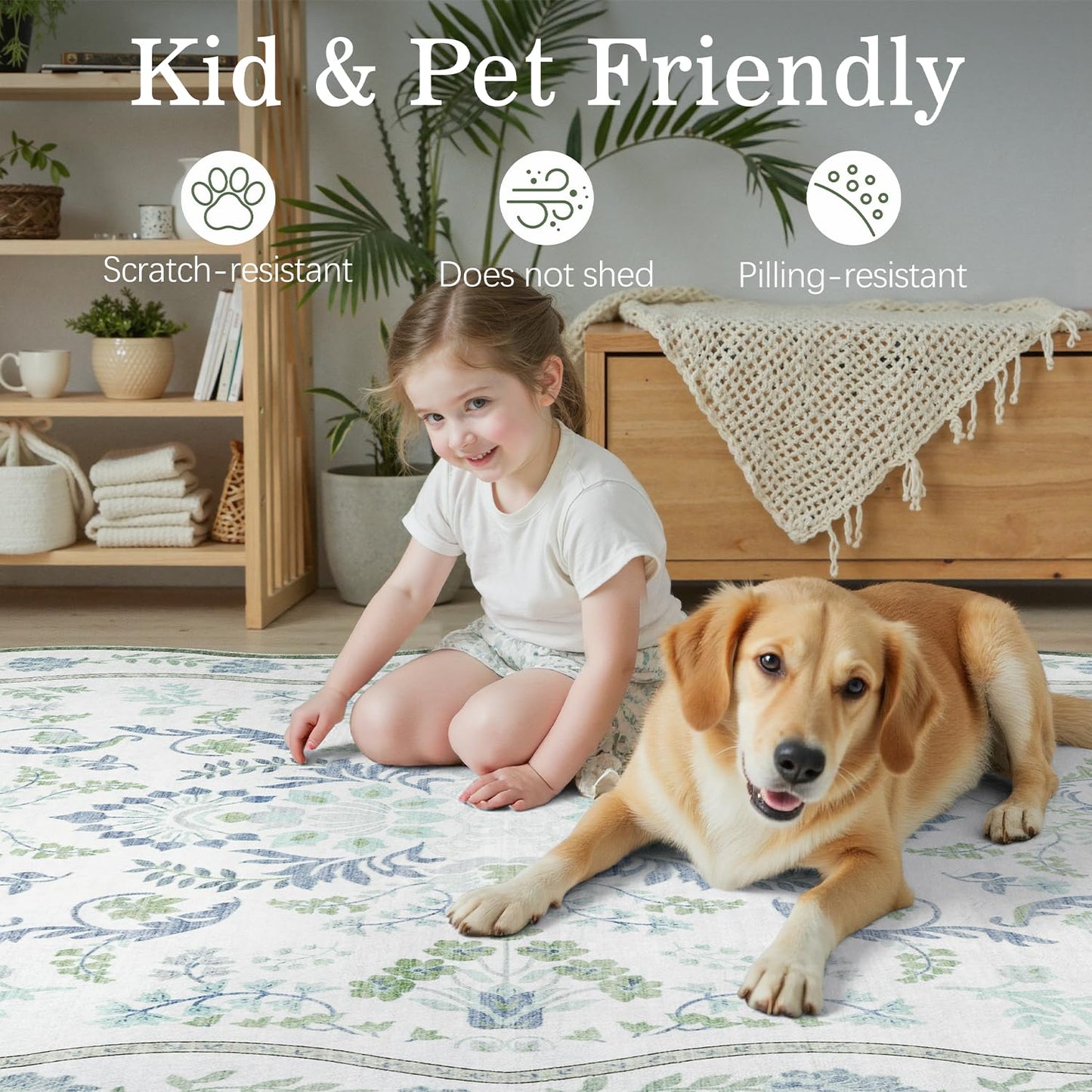 DCX Green and Blue 9x12 Rug, Kid & Pet Friendly with Rubber Back Non Slip, Washable Stain Resistant Botanical Scalloped Rug for Living Room, Bedroom, Soft Low Pile Large Nursery Carpet