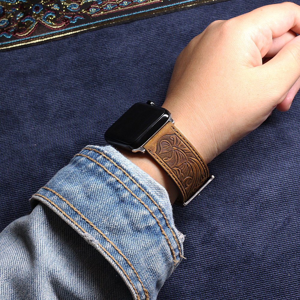 Deeplus for Apple Watch Band Leather 46mm 45mm 44mm 42mm, Handmade Carved Bump Genuine Leather Replacement Strap for iWatch Series 10 9 8 7 6 5 SE, Retro Brown