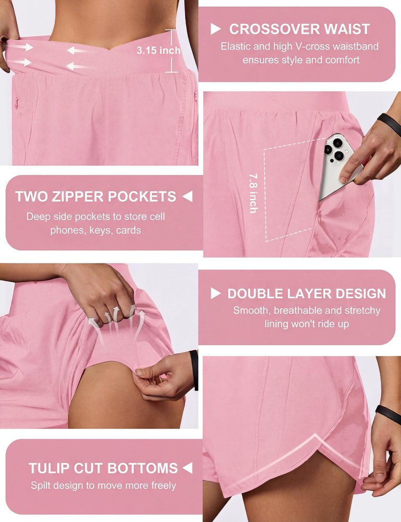 Blooming Jelly Women's Workout Shorts Athletic Running Elastic High Waisted Black Gym Yoga Shorts with Zipper Pockets (Light Pink,Medium)