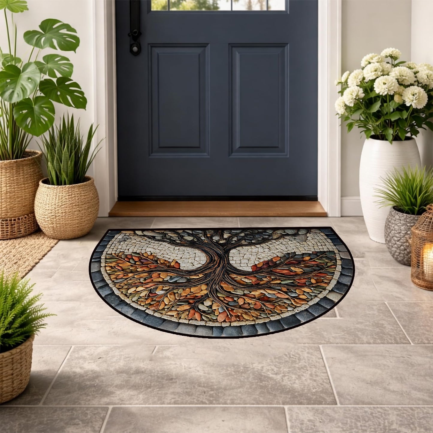 NYZE Semi Circle Door Mat Half Round Welcome Mat Non Slip Low-Pile Absorbent Half Circle Entryway Rug for Bathroom Bedroom Laundry Room (Tree of Life-A, 24"×36")