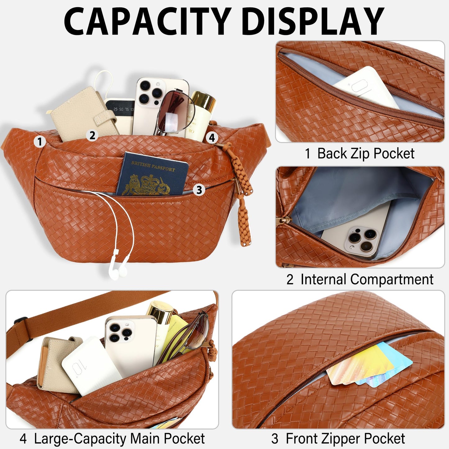 Sling Bag for Women Men,Woven Leather Fashionable Fanny Pack Crossbody Bags with Adjustable Shoulder Strap Chest Packs for Travel Cycling Work Sport Hiking Gym,Large-Brown