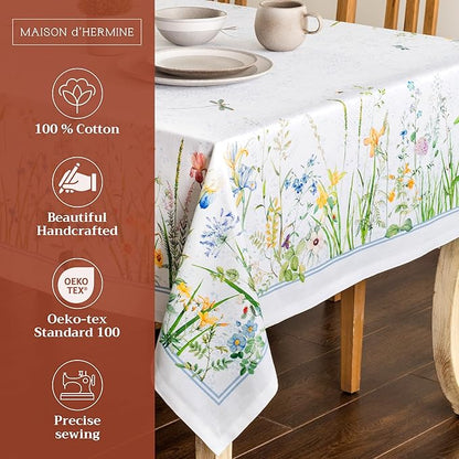 Maison d' Hermine Table Cloth Rectangle Table 100% Cotton 70 x 108 Inches Tablecloth Reusable Decorative for Dining Room, Farmhouse, Home, Party, Festive & Wedding Spring Summer - Fleurs De Mai
