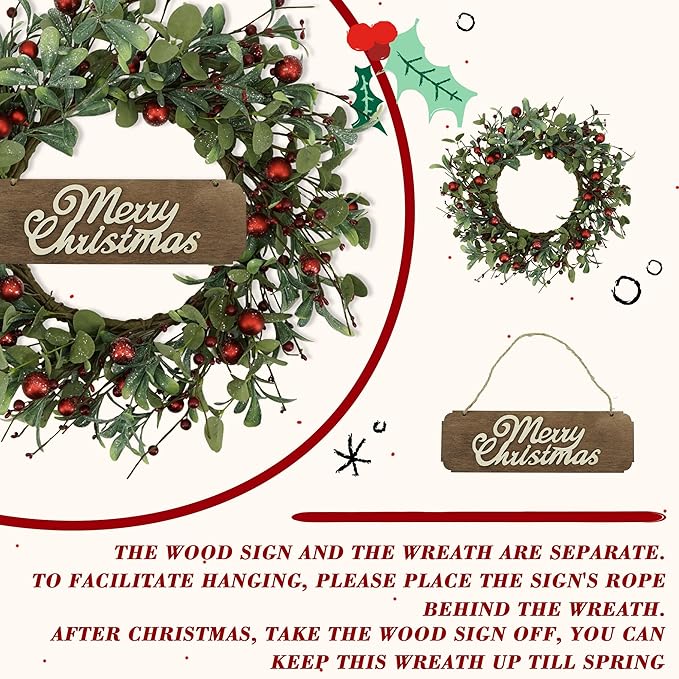 YNYLCHMX 20 Inch Christmas Wreath for Front Door, Winter Wreath with Welcome Sign Eucalyptus leaves Red Berry, Artificial Door Xmas Wreaths for Window Wall Fireplace Farmhouse Holiday Party Decoration